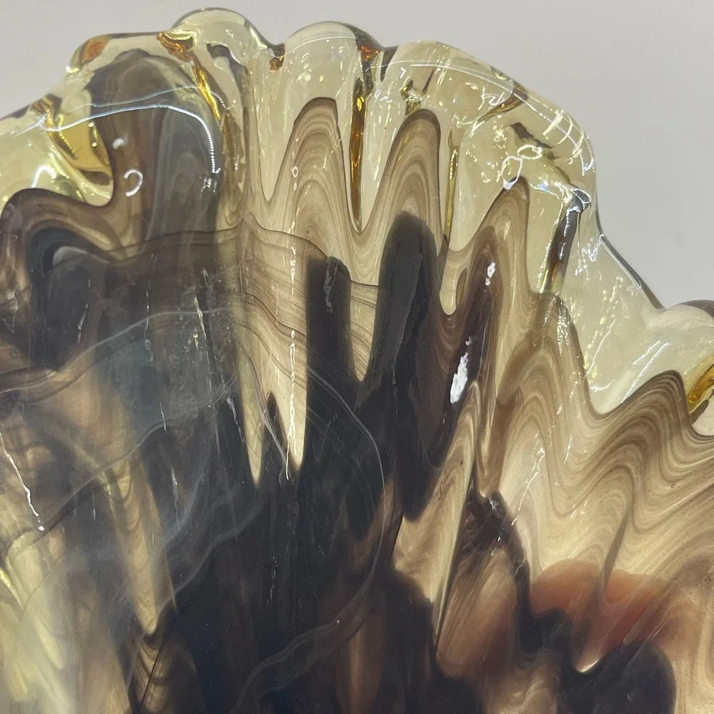 Vintage Murano Style Handkerchief Art Glass Vase Brown Swirl‎ Ruffle Hand Blown